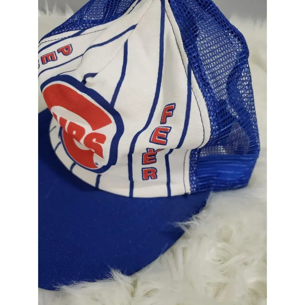 VINTAGE 90s Rare Chicago Cubs Pennant Fever Blue/White Striped Mesh Snapback Hat